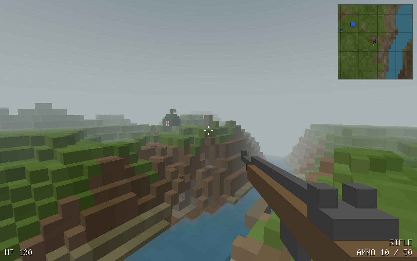 First-person view across a river in Classicgen, with grassy block terrain, fog and a rifle in hand.